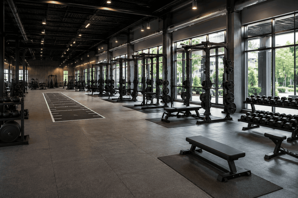 Modern commercial fitness facility with premium cardio and strength equipment, illustrating Specialty fitness studio loans, HIIT studio financing, elliptical financing, treadmill financing, and health club ownership transfer loans for fitness business growth and acquisitions.
