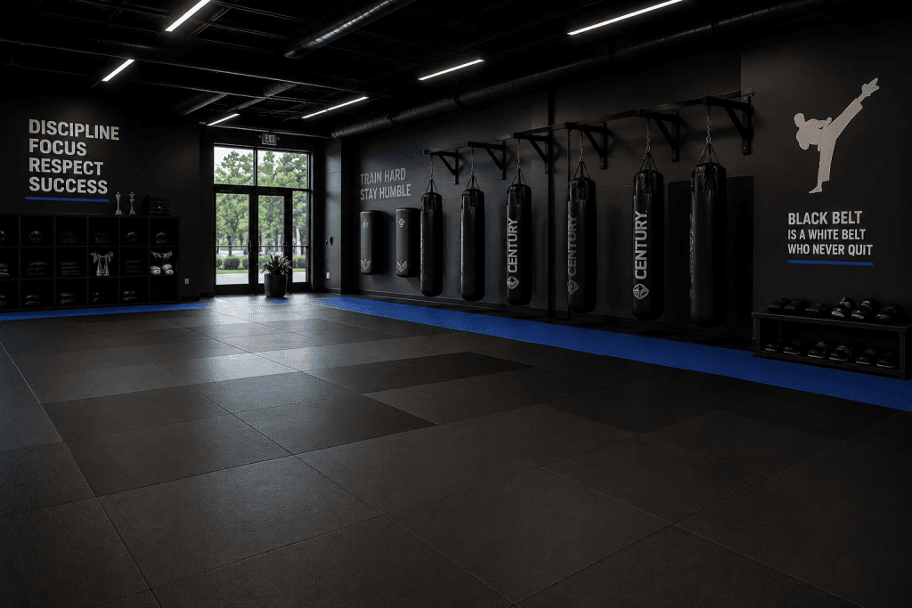 Modern martial arts and fitness training facility with hanging heavy bags, padded training mats, and open practice space representing Fitness promotion funding, fitness business growth funding, gym scaling capital, fitness franchise development loans, and gym customer growth capital for expanding fitness and martial arts businesses.
