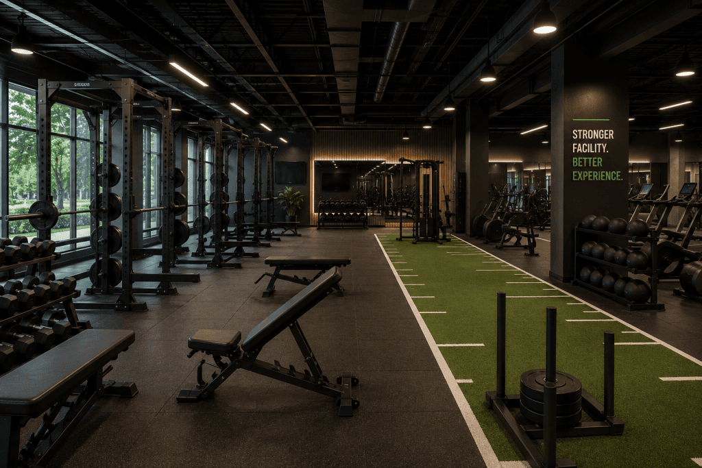 Modern commercial fitness center with power racks, free weights, functional turf training area, strength equipment, and cardio machines representing Sports training business loans, athletic conditioning facility financing, fitness center remodeling financing, and fitness facility purchase financing for expanding and modernizing professional fitness facilities.