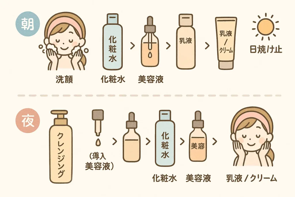 朝夜のスキンケア順番を図解｜朝：洗顔→化粧水→美容液→乳液/クリーム→日焼け止め／夜：クレンジング→導入美容液→化粧水→美容液→乳液/クリームの手順イラスト