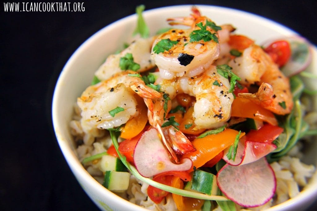 Shrimp Barley Bowl with Tomato Radish Salad