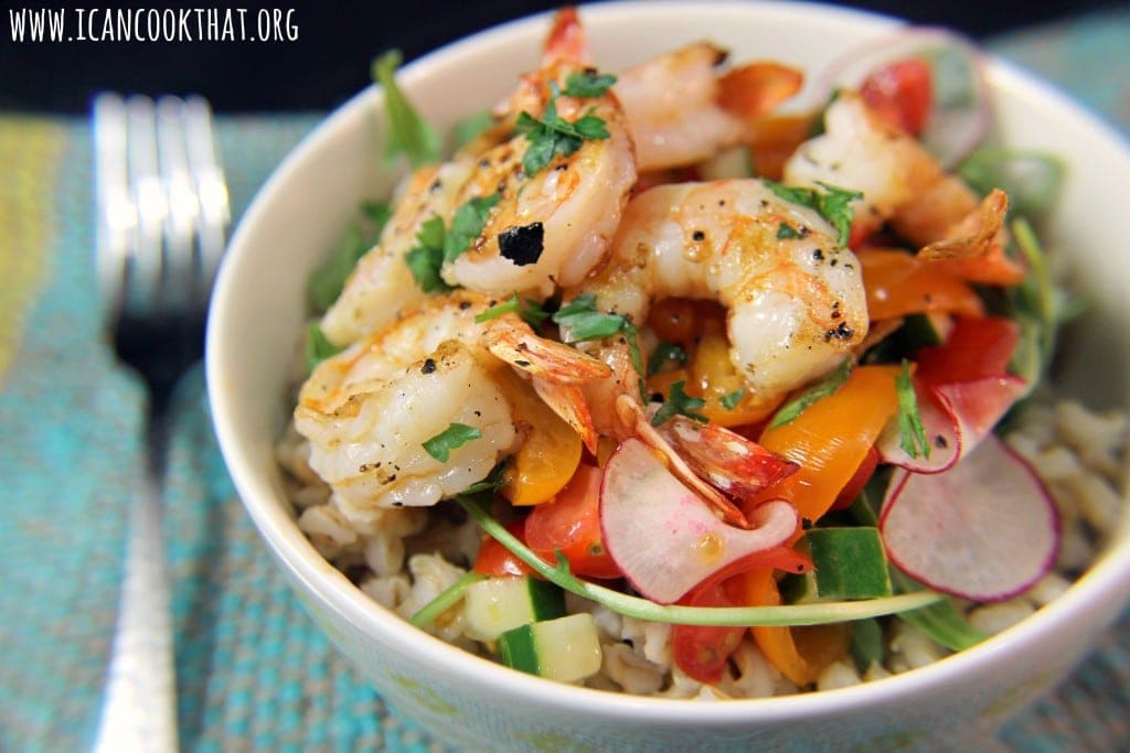 Shrimp Barley Bowl with Tomato Radish Salad