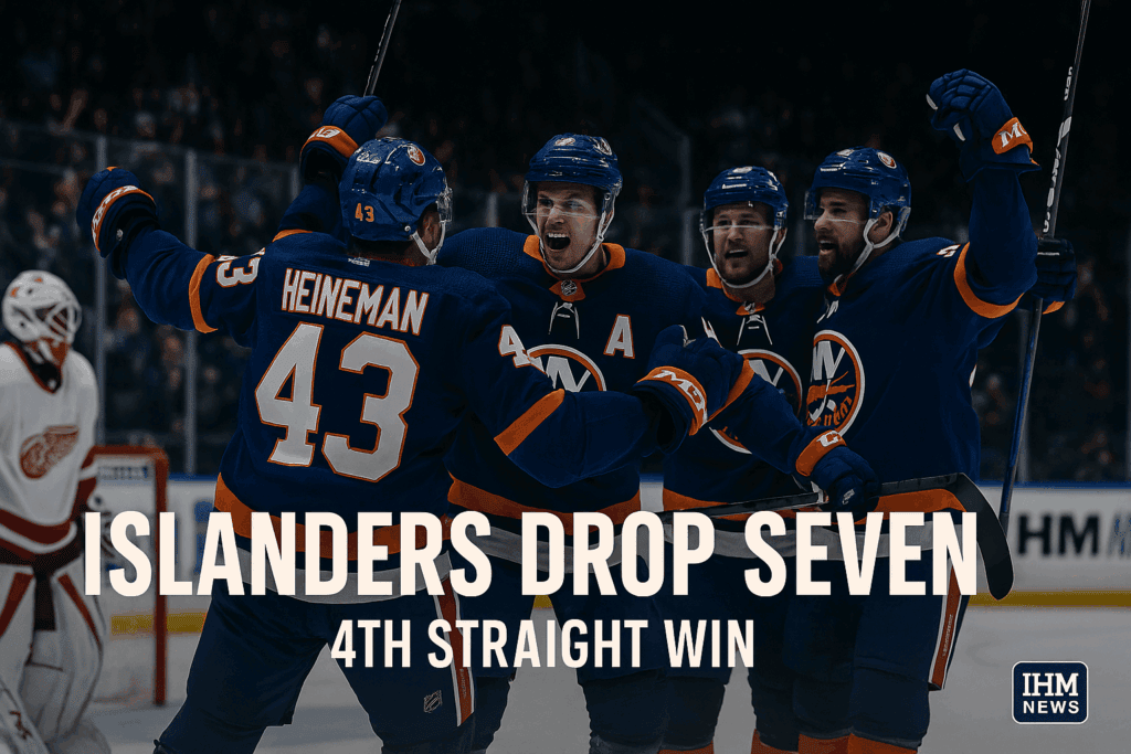 Emil Heineman celebrates after scoring for the New York Islanders against Detroit