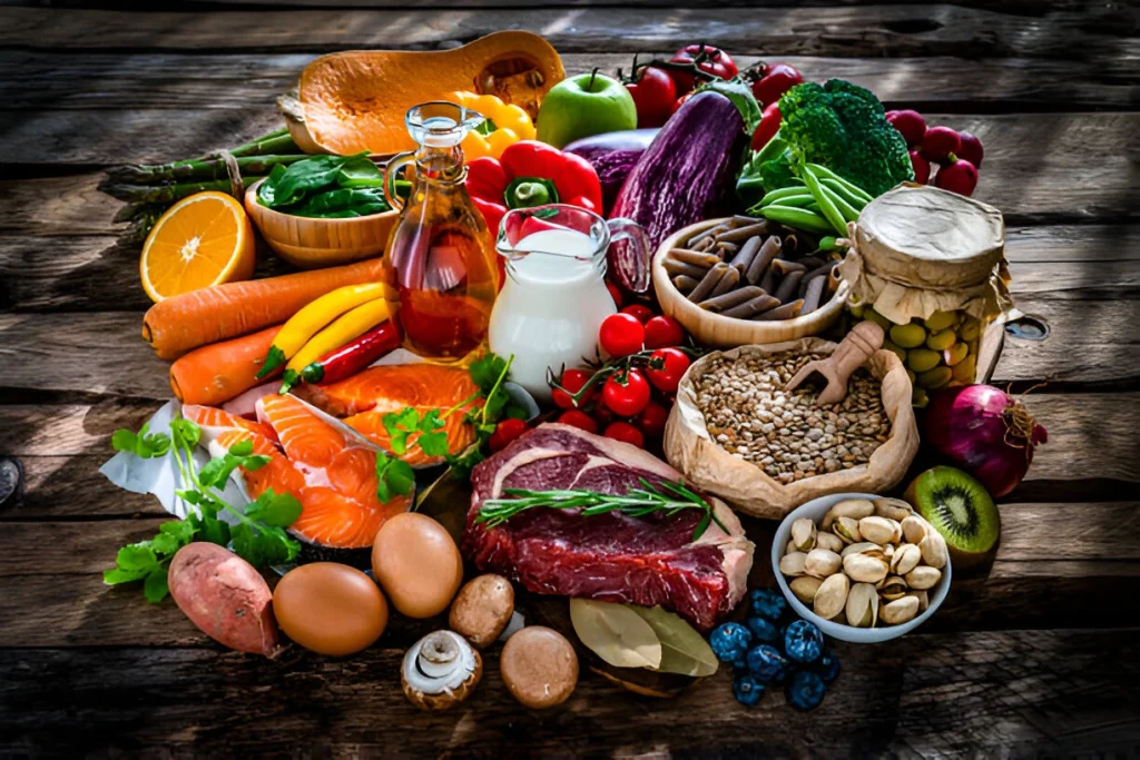 Nutritious health food plate with vegetables, seeds, and lean proteins.