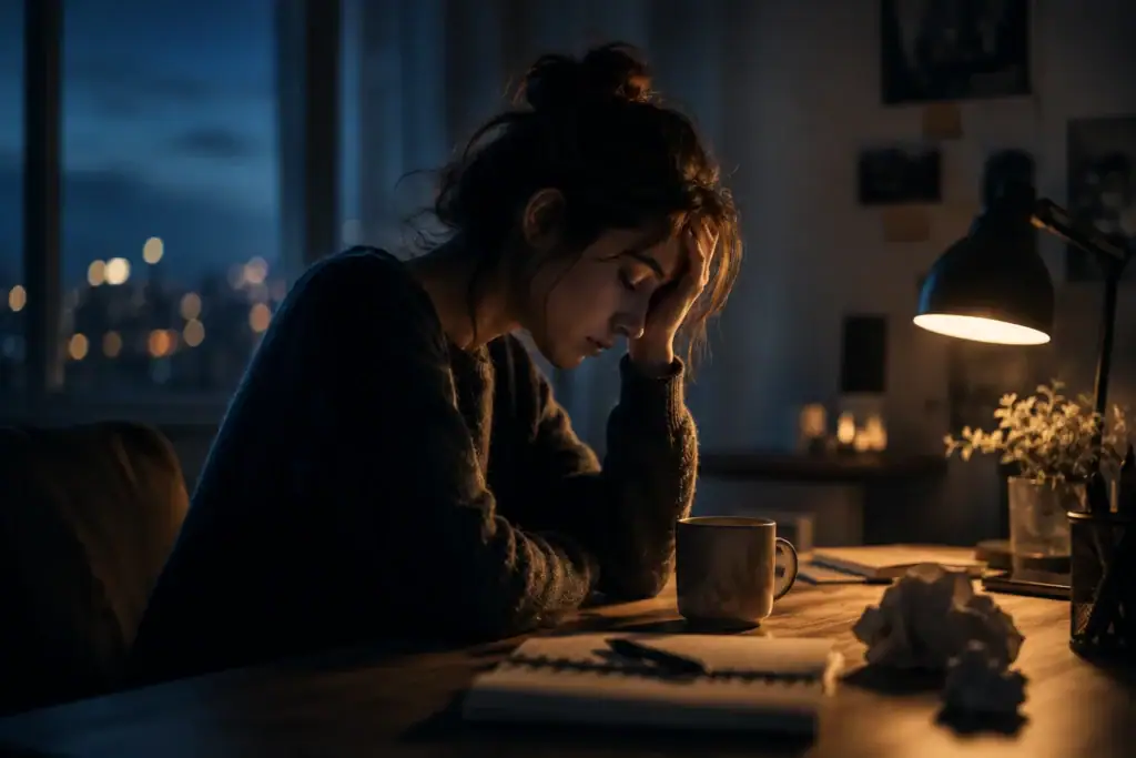 Exhausted person sitting at desk at night experiencing nervous system overload and mental exhaustion