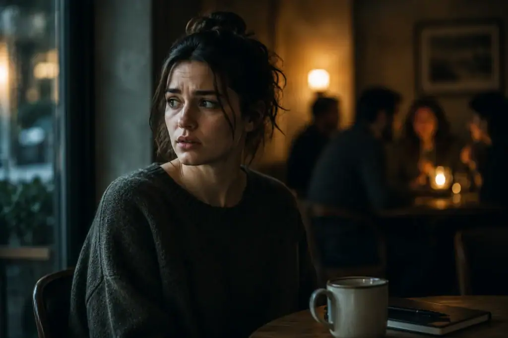 Thoughtful woman in softly lit café sensing subtle emotional discomfort and intuitive tension