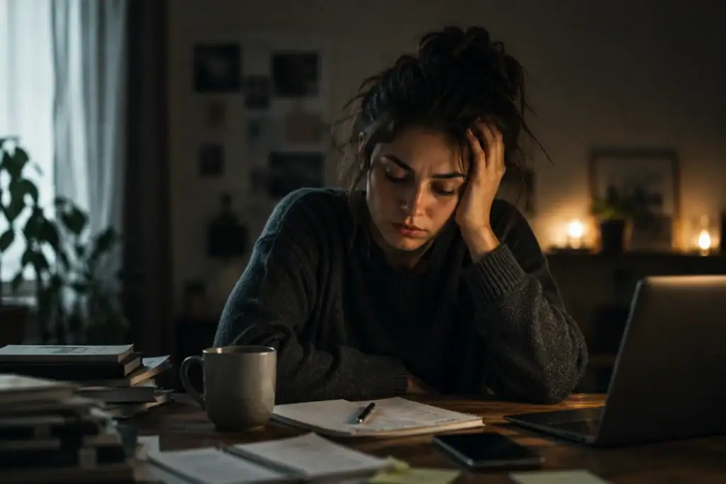 Emotionally exhausted woman sitting at cluttered desk feeling mentally overwhelmed in warm evening light