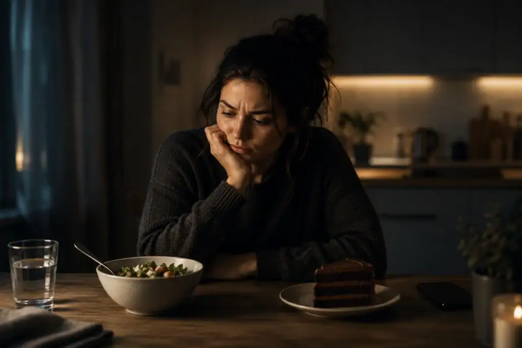 Thoughtful exhausted woman quietly struggling to choose between simple options at kitchen table