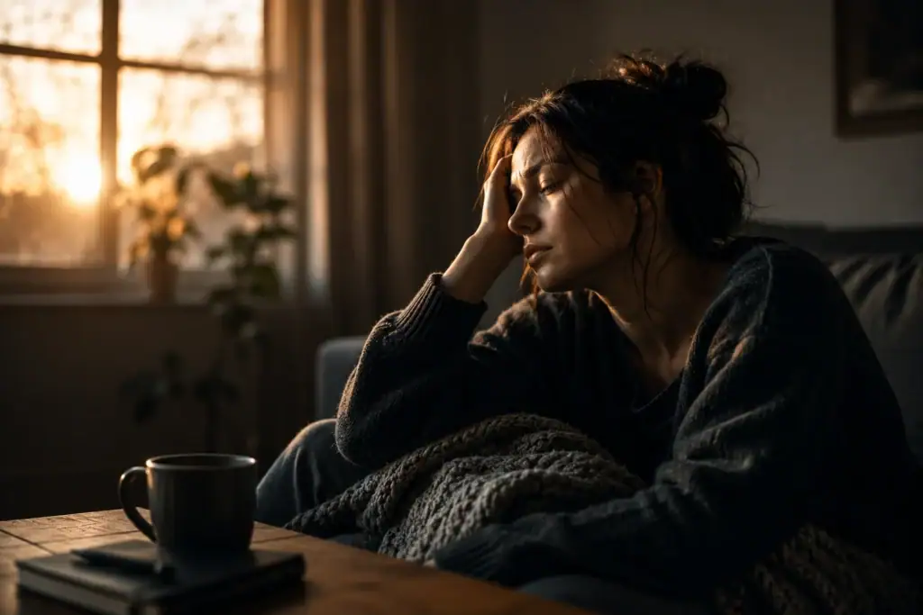 Emotionally exhausted woman resting on couch in warm evening light experiencing nervous system overload