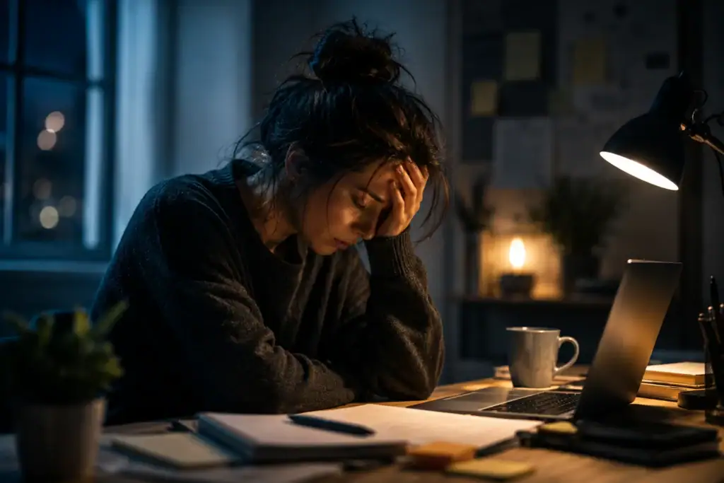 Exhausted woman sitting at desk late at night experiencing cognitive overload and mental fatigue