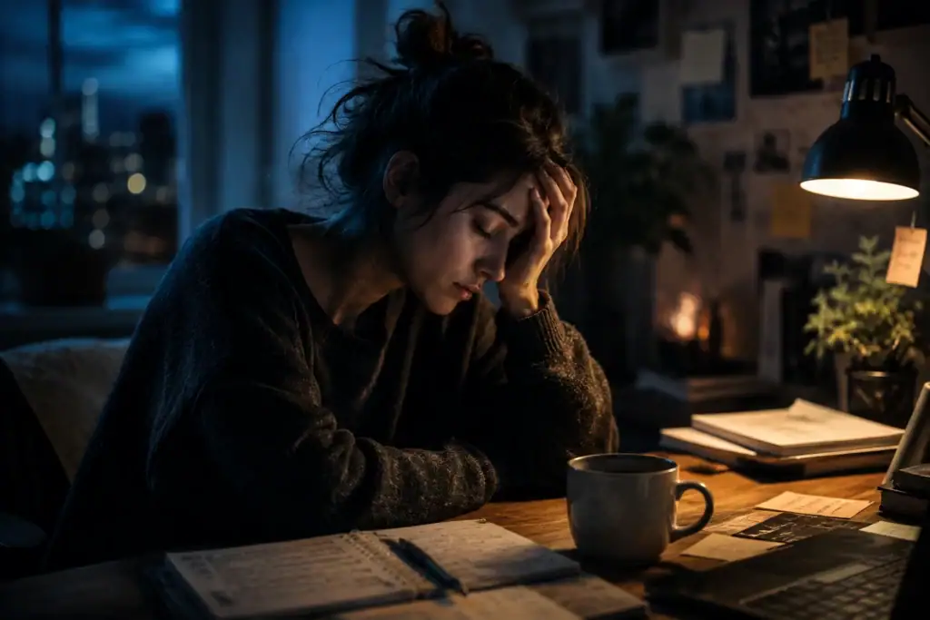 Mentally exhausted woman sitting at desk at night experiencing cognitive overload and nervous system fatigue