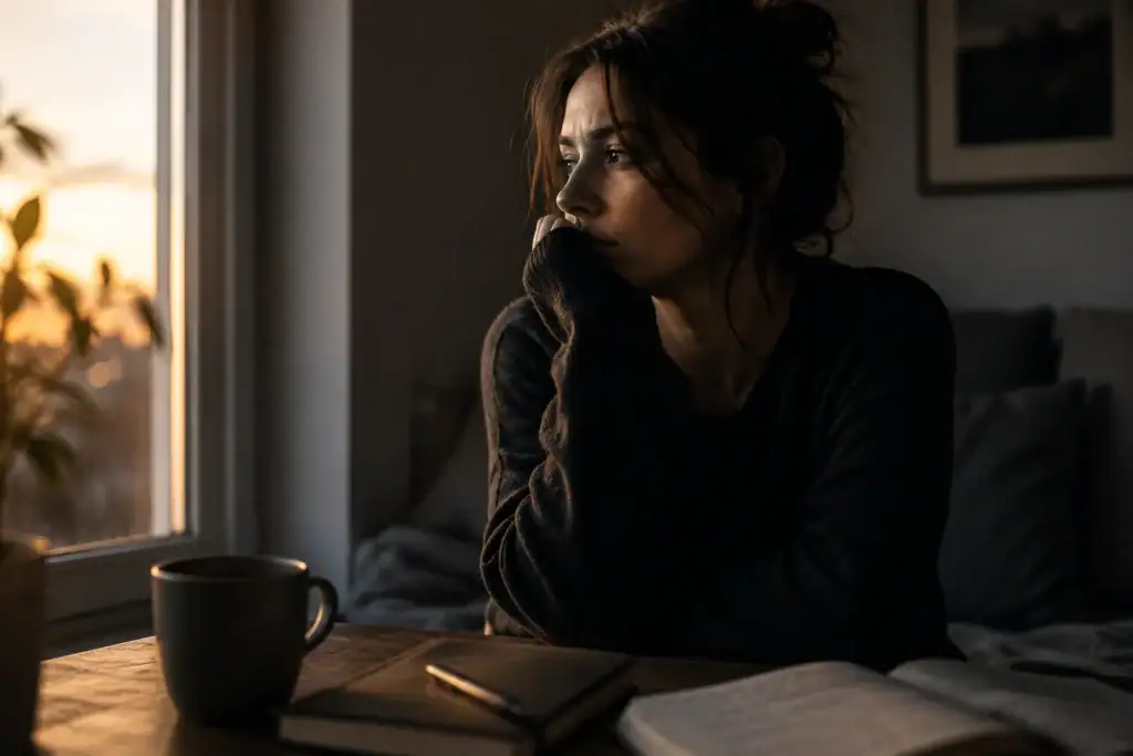Thoughtful emotionally exhausted woman sitting quietly near window in warm evening light