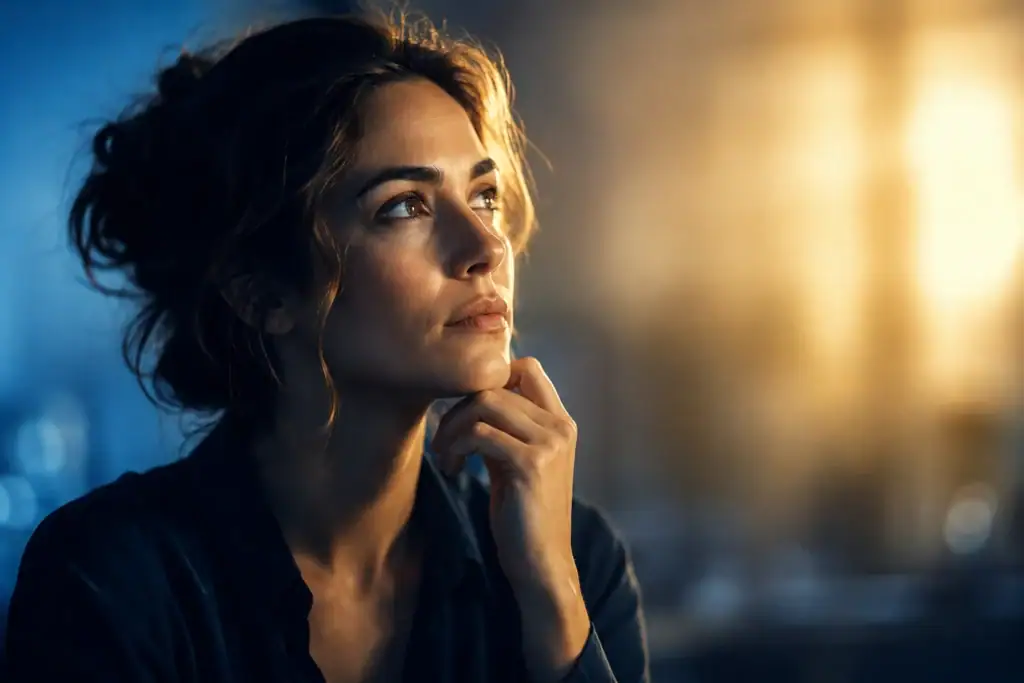 Thoughtful person experiencing an emerging insight before conscious understanding, illuminated by blue and warm gold light