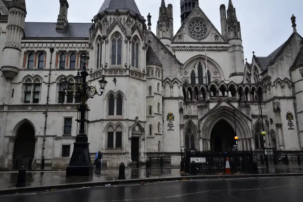 The Royal Courts of Justice in London on a rainy day, where the Court of Appeal hears the war-risk insurance appeal