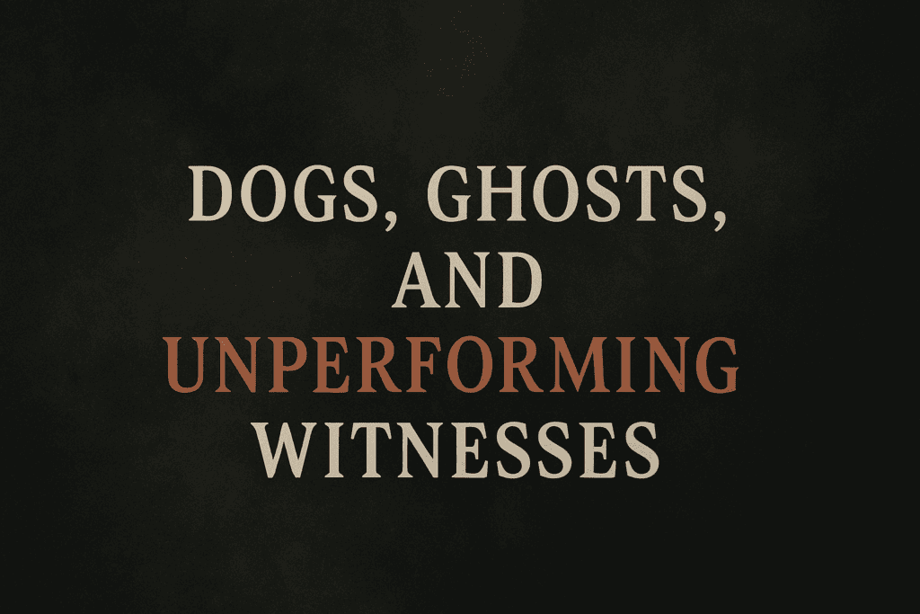 A digital graphic design image features centered, serif text reading “DOGS, GHOSTS, AND UNPERFORMING WITNESSES” in cream and rust-orange tones, set against a dark, textured backdrop with a vintage, solemn atmosphere.