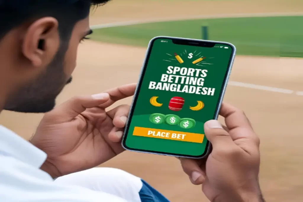 Man placing a sports bet on his smartphone with "Sports Betting Bangladesh" on screen