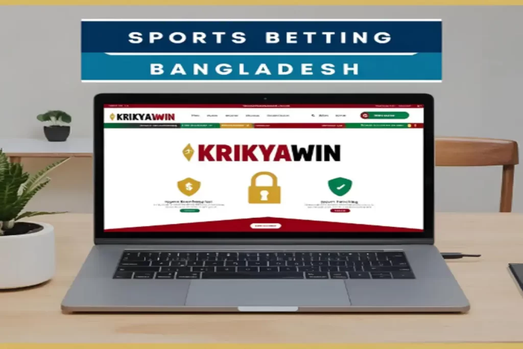 Laptop showing Krikyawin betting site with secure icons and "Sports Betting Bangladesh"