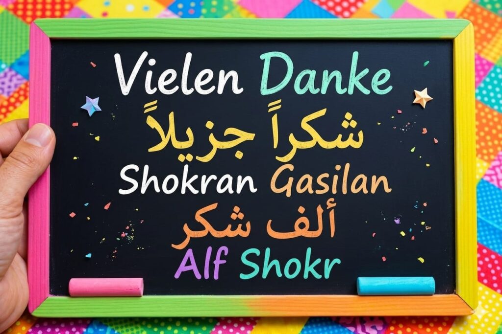 Danke auf Ägyptisch&andere arabische Wörter für deinen Urlaub in Ägypten 3 * Ein bunter Kreidetafel-Rahmen zeigt verschiedene Arten, sich auf Arabisch zu bedanken. Darunter stehen die Texte "Vielen Dank", "Shokran Gasilan" (شكراً جزيلاً) und "Alf Shokr" (ألف شكر) in farbigen Buchstaben.