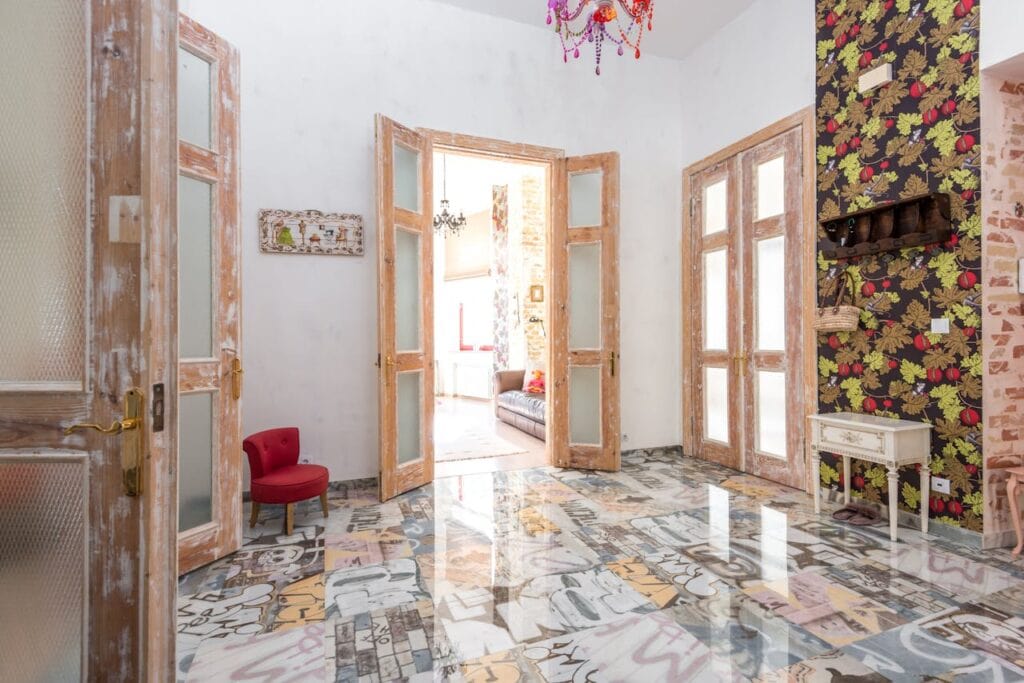 A Colorful Room with Floor with Different Patterns and Wall