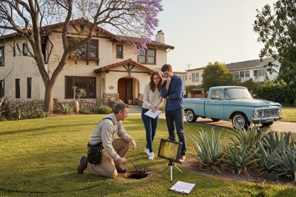 A Home Inspector and a Plumber Examining a Sewer Line with a Small Portable Monitor