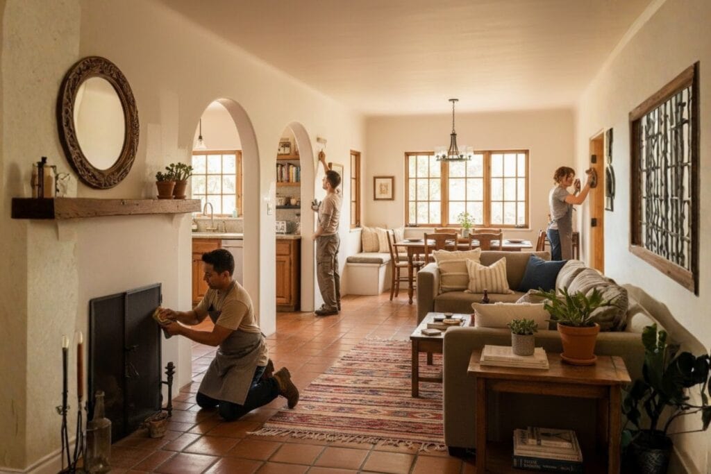 People Doing Non Intrusive Home Improvements Like Cleaning the House and Painting the Walls