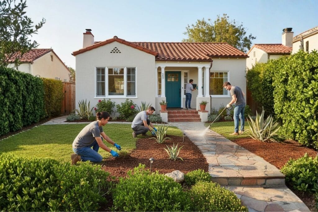 People Doing Simple Fixes to Improve Curb Appeal in a Home in San Diego