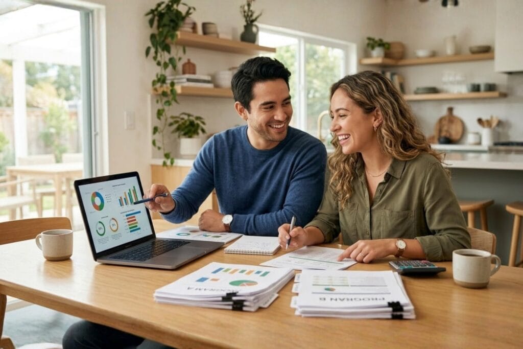 A Happy Couple Reviewing Financial Documents Together in a Sunlit Kitchen in north park