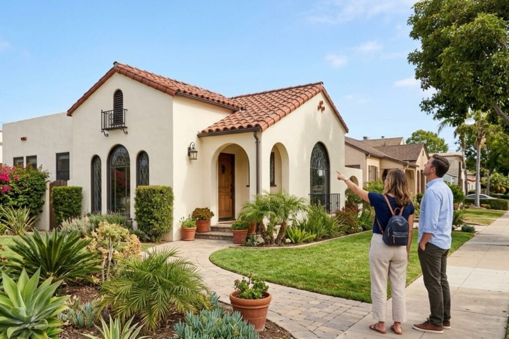 A professional real estate photo of a couple admiring a Spanish-style bungalow with lush landscaping.