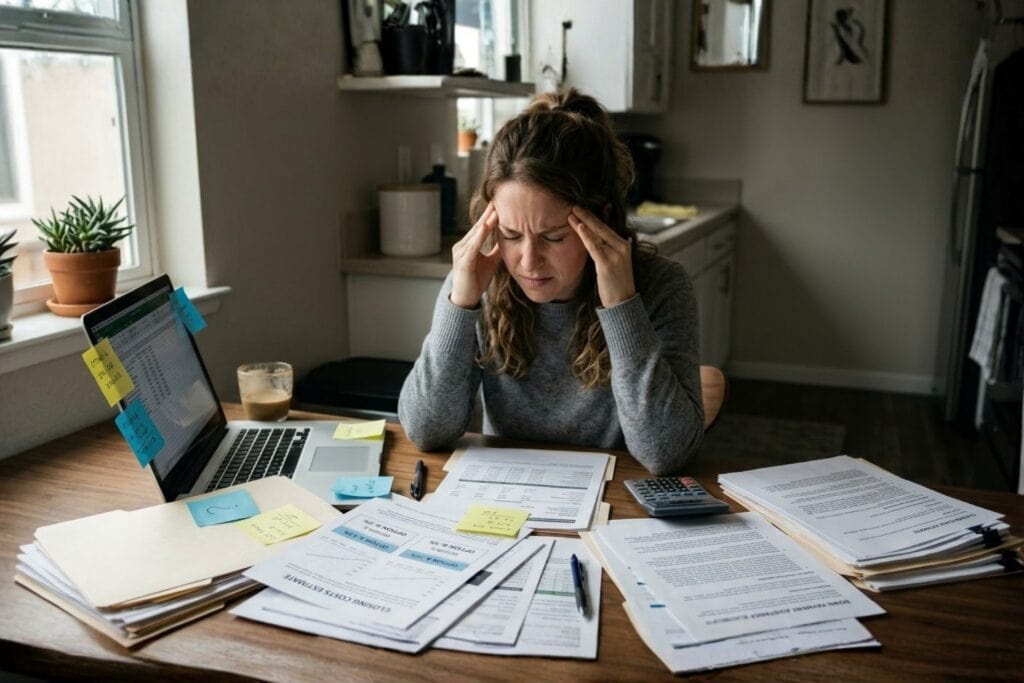 Overwhelmed First-Time Homebuyer Comparing Loan Documents
