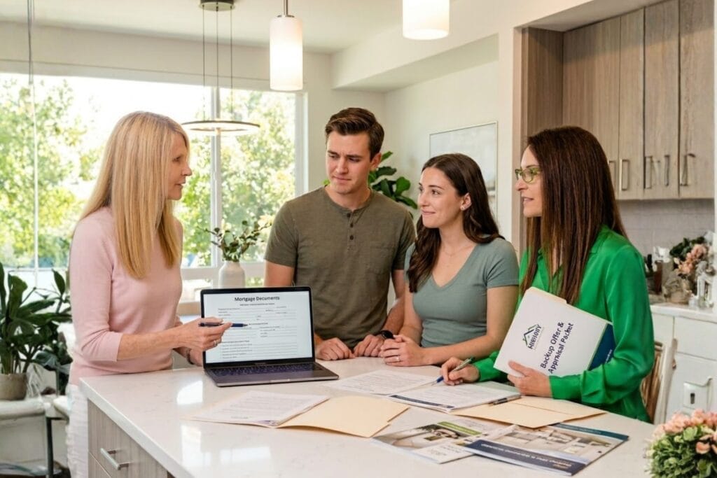 Two Real Estate Agents In Professional Attire Assisting Clients With Documents In A Bright Modern Kitchen