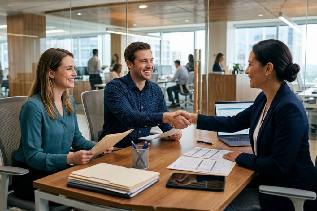 Young Couple Shaking Hands With Loan Officer In Modern Office