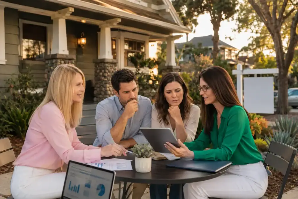 Realtors Z and Mary discussing escrow and insurance details with homebuyers outside a North Park Craftsman home at sunset