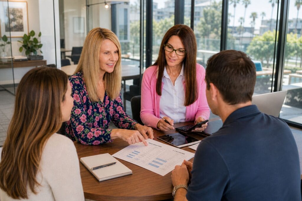 Real Estate Agents Reviewing Pricing Strategy With Clients at a Modern Office Table