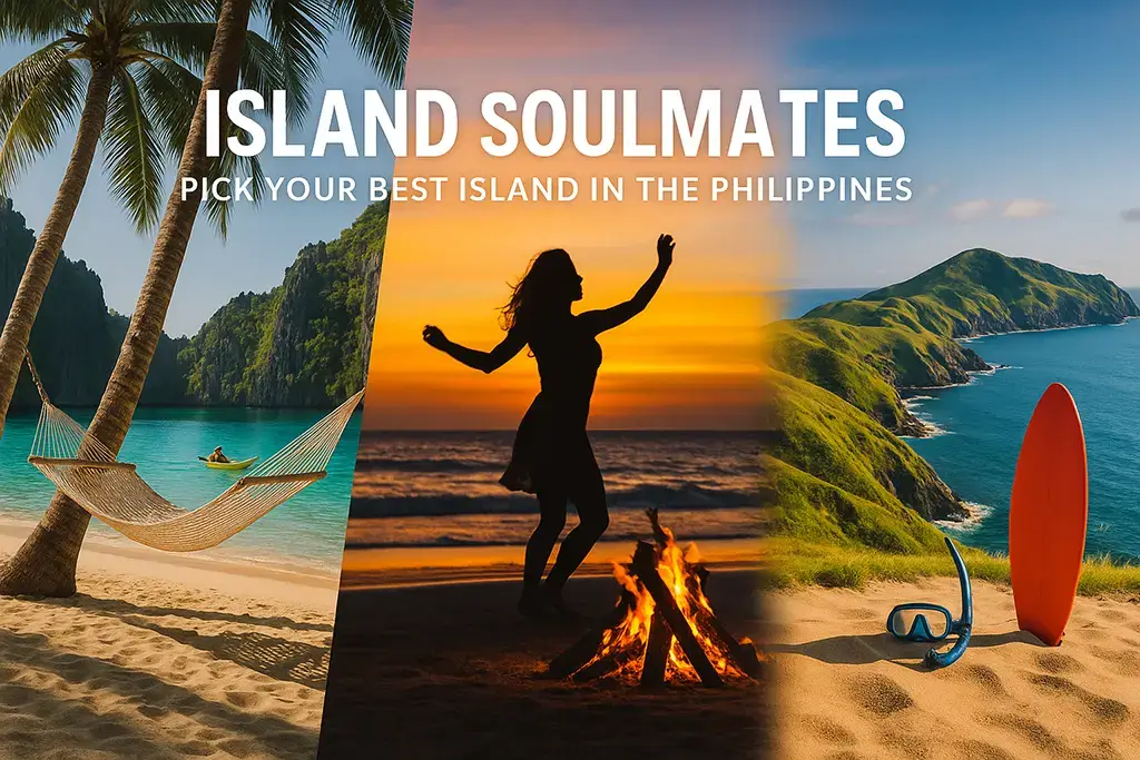 Tropical island collage showing beach, lagoon, surf, and sunsets – discover the best Philippine island for your travel style