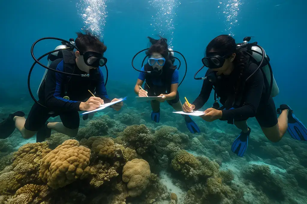 Divers Recording Data Underwater with Slates or Tablets - an example of voluntourism in the Philippines, specifically in the context of marine life monitoring teams.