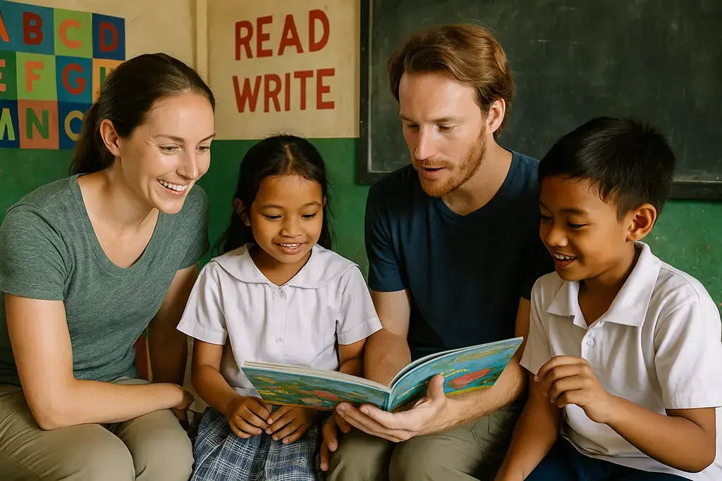 Volunteers Teaching or Learning from Local Children in a Rural Classroom - an example of responsible tourism in the Philippines.