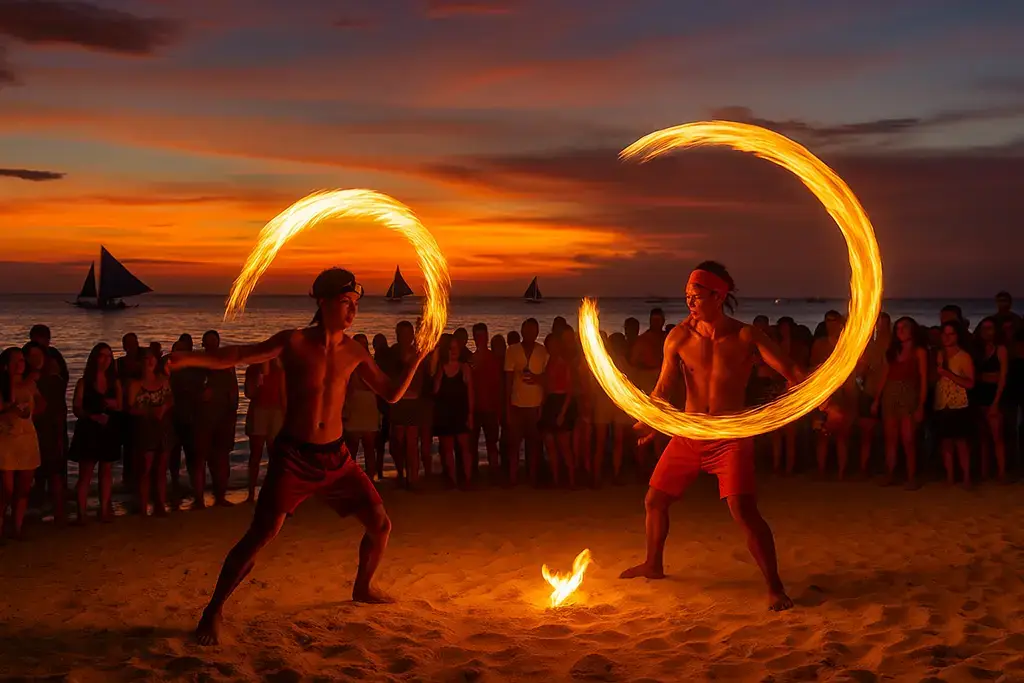 Boracay nightlife with fire dancers on White Beach – best island for parties in the Philippines.