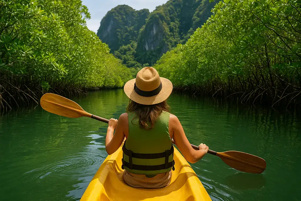 Eco-friendly travel in the Philippines is shown here with a tourist kayaking on a river.