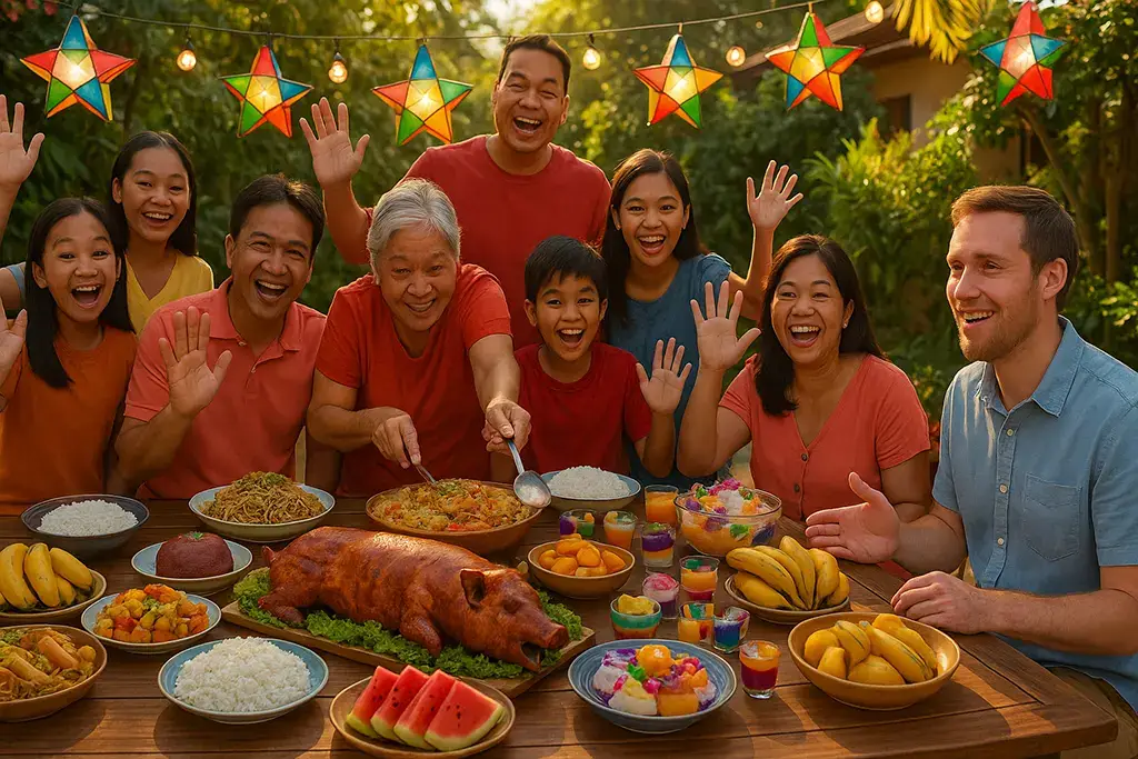 Filipino family showing expat hospitality with a feast and endless smiles.