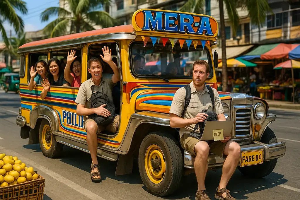 Colorful jeepney – classic Philippine expat transport experience.
