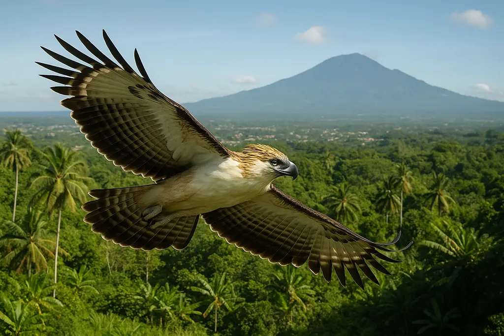 A Philippine Eagle in flight in the Davao area with Mt Apo in the background.