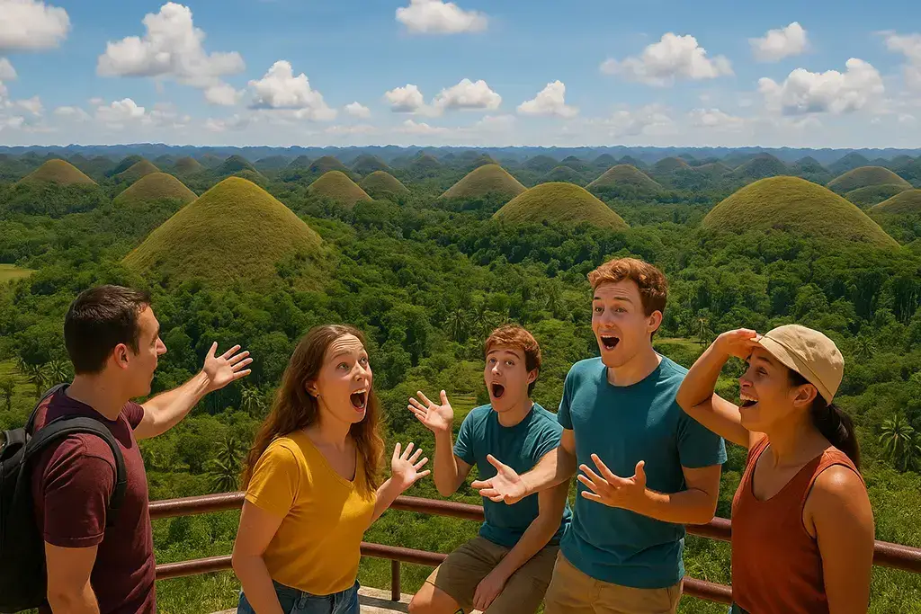 Panoramic view of Chocolate Hills in Bohol Philippines – top tourist activity beyond diving. A panoramic Chocolate Hills scene—tourists amazed, hills rolling to the horizon, and Bohol’s otherworldly landscape stealing the show. That’s a top-side thrill to match any dive.