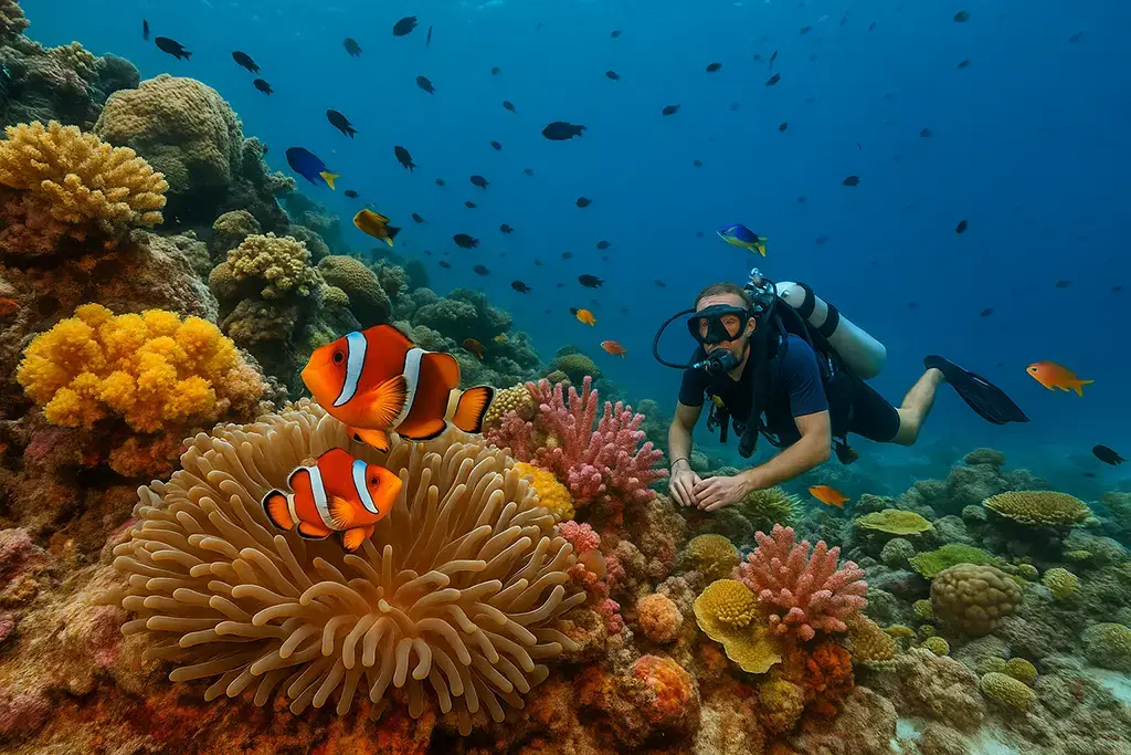A colorful coral reef with clownfish in marine sanctuary Bohol – scuba diving in Bohol. A vibrant Bohol marine sanctuary—clownfish, coral, other bonus fish, and an underwater cast so colorful even Nemo would be jealous!