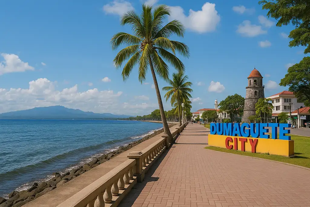 Quiet town street in Dumaguete with local cafes and expat retirees enjoying coffee.