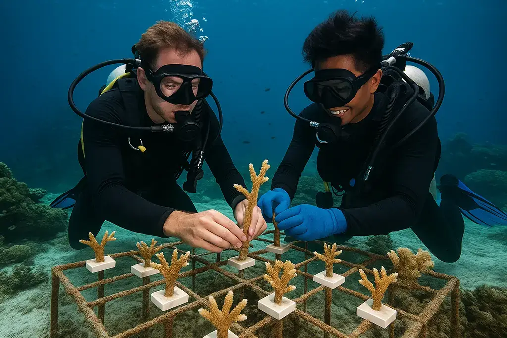 Divers participating in coral restoration project in Bohol depicting eco-friendly scuba diving. A coral planting scene: scuba divers, coral fragments, nursery structure, and a Bohol seafloor that’s getting a little help from its friends. Eco-friendly diving never looked so good.