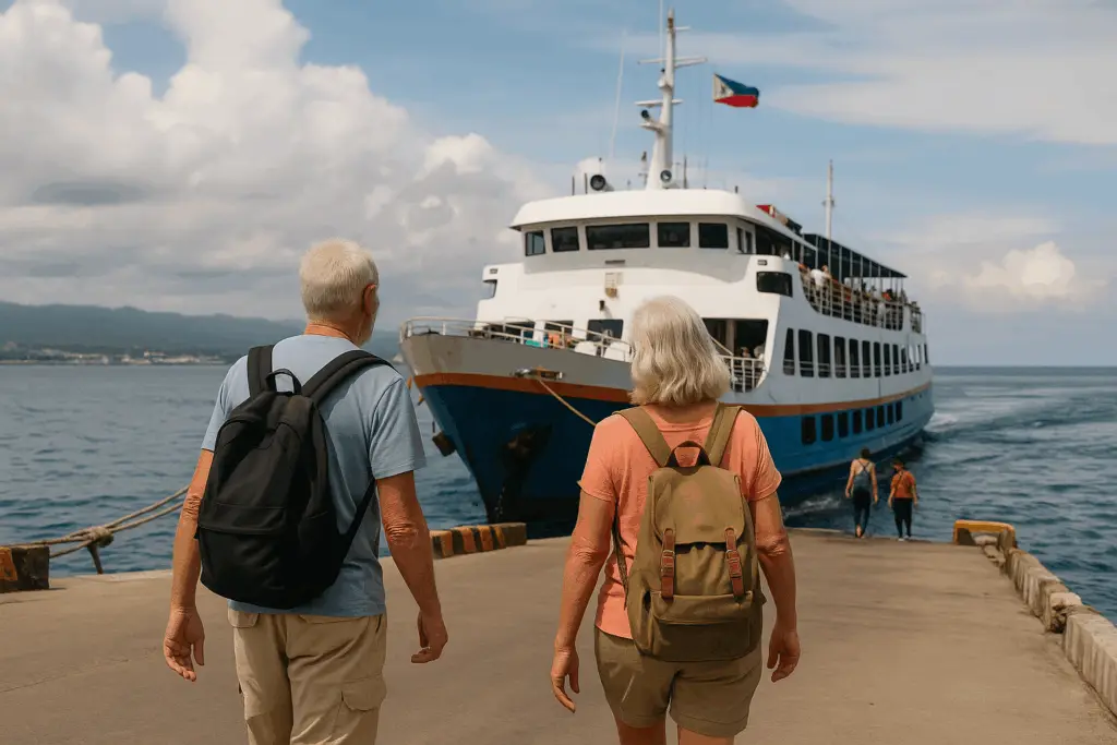 A picture of an expat couple heading to a ferry for a short hop to another island.