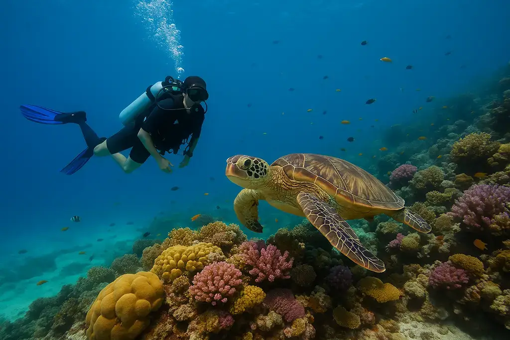A scuba diver swimming with sea turtle at Balicasag Island – a top dive site in Bohol. The picture features a scuba diver, sea turtle, rainbow coral, and a whole supporting cast of fish. Not pictured: the turtle’s autograph session after the dive.