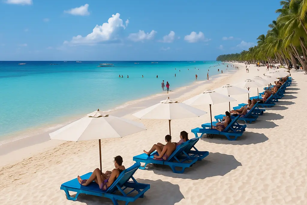 White sand beach and clear blue waters in Boracay, Philippines.
