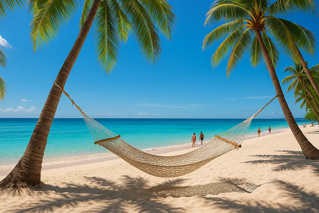 Peaceful white-sand beach with palm trees on Samal Island, Davao.