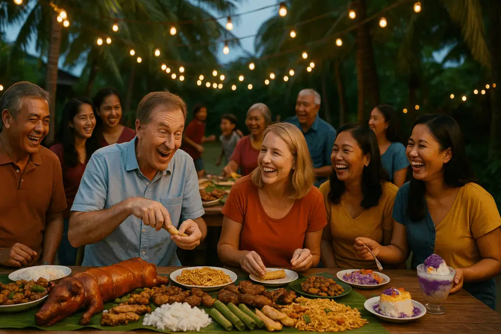 A filipino gathering for a meal with several expats in attendance as well.